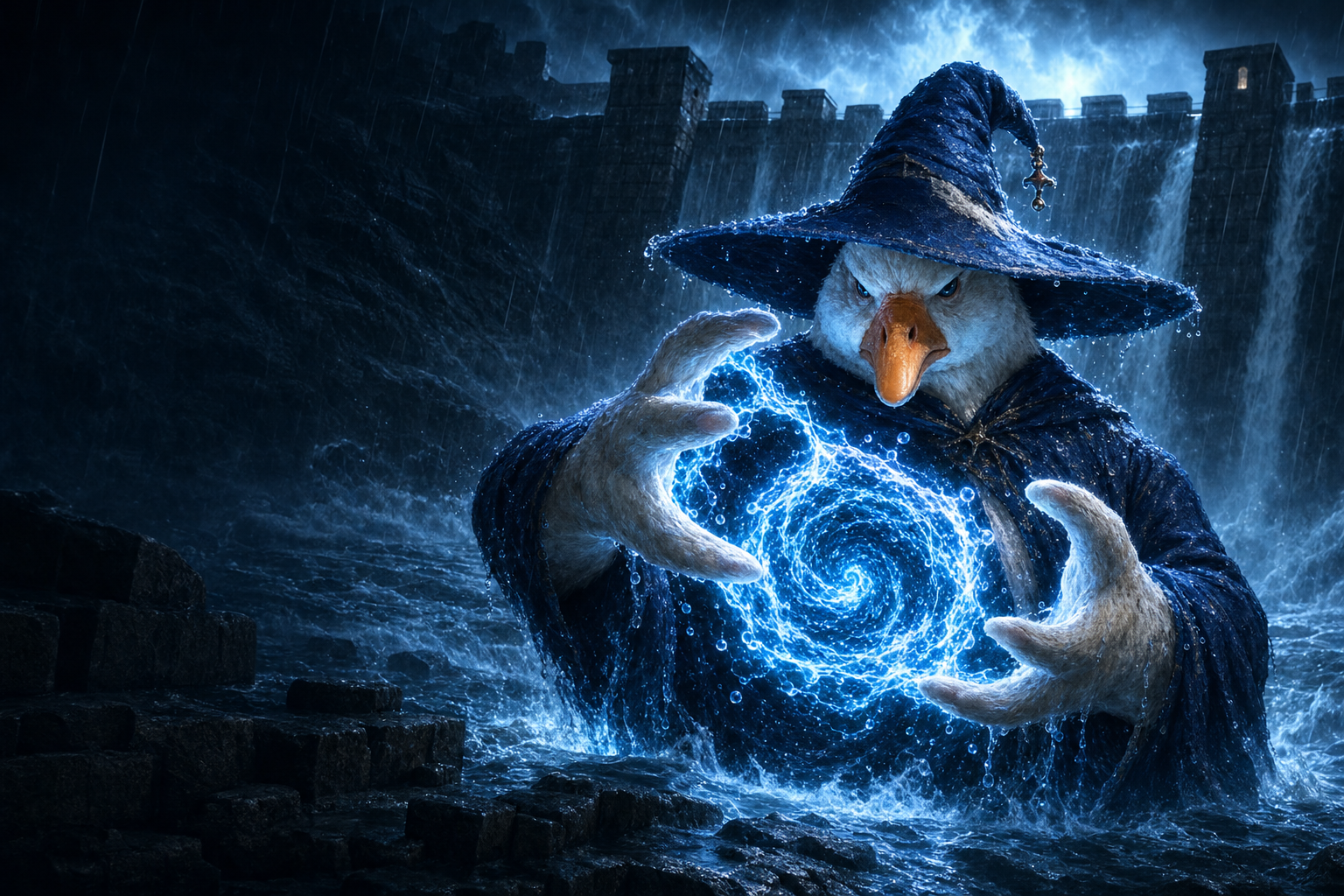 GooseWaterX, a furious goose wizard in a pointed hat, conjuring a glowing whirlpool of water at the foot of a storm-lashed dam